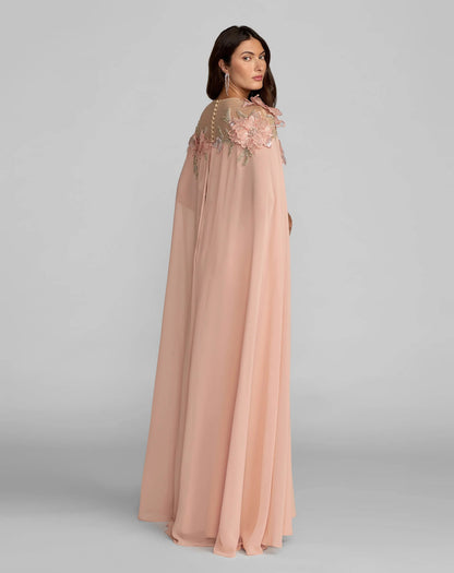 Pink Embellished Crepe Gown With Chiffon Cape
