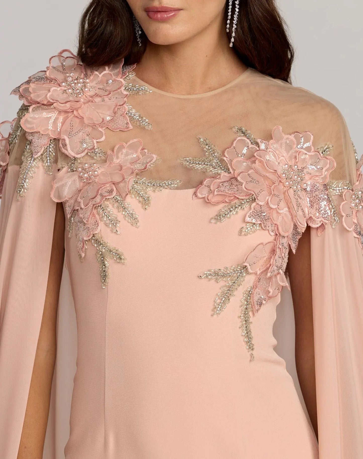 Pink Embellished Crepe Gown With Chiffon Cape