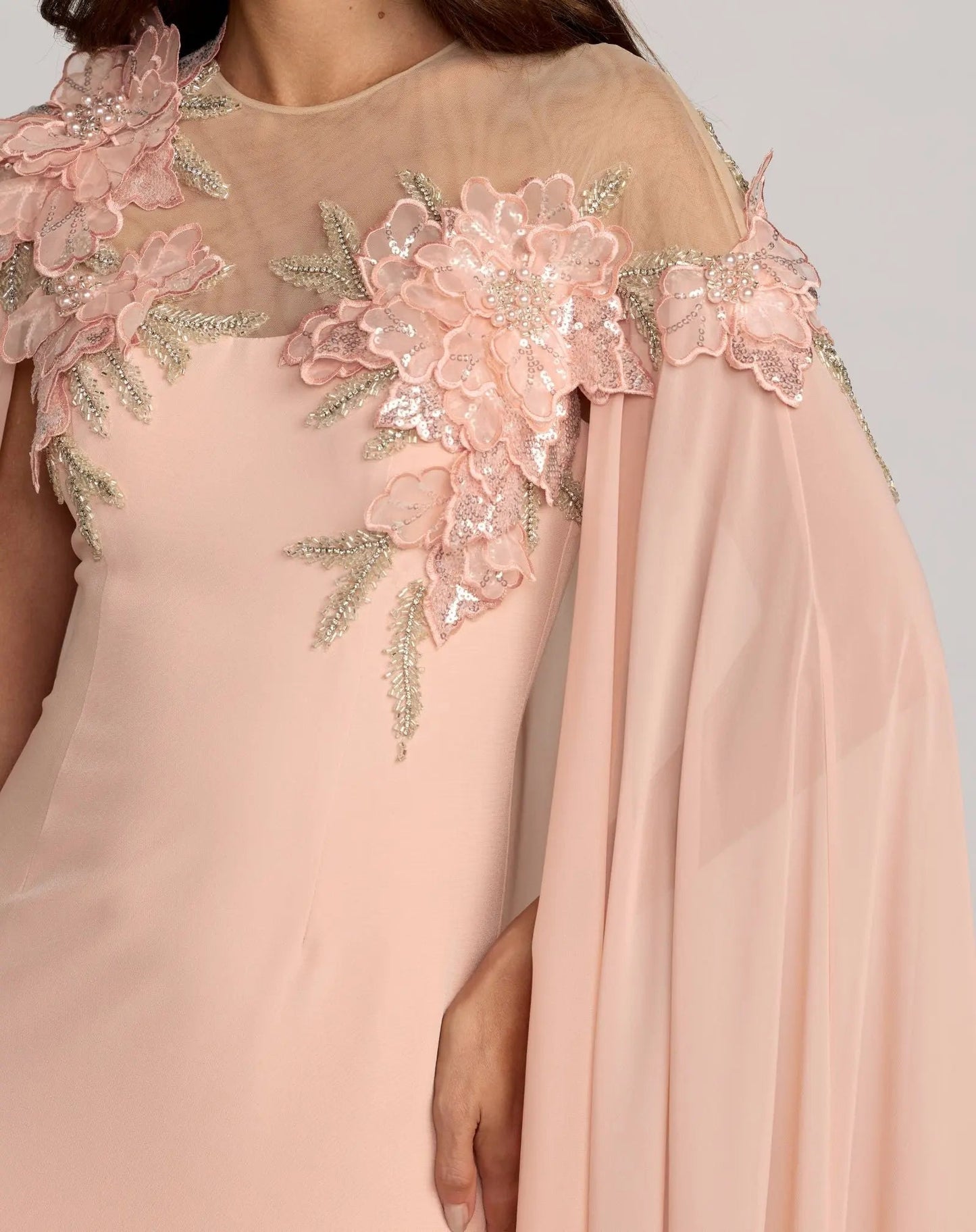 Pink Embellished Crepe Gown With Chiffon Cape