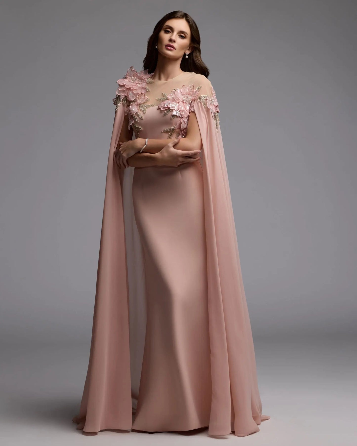 Pink Embellished Crepe Gown With Chiffon Cape