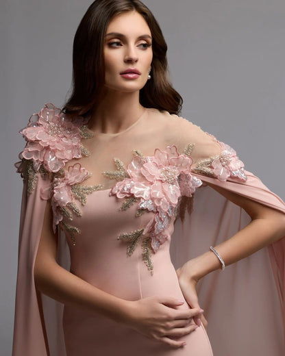 Pink Embellished Crepe Gown With Chiffon Cape