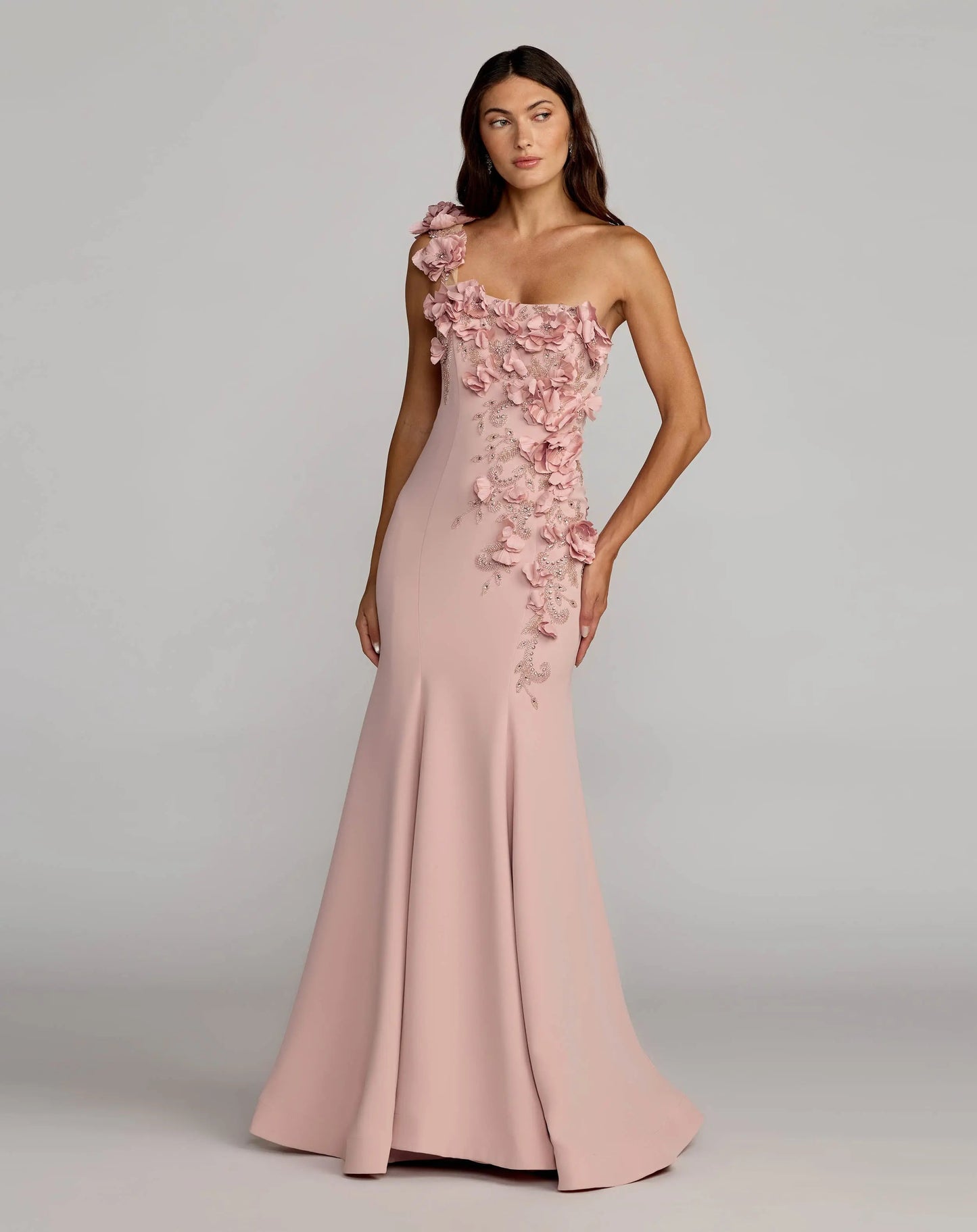 Pink One Shoulder Floral Embellished Mermaid Gown