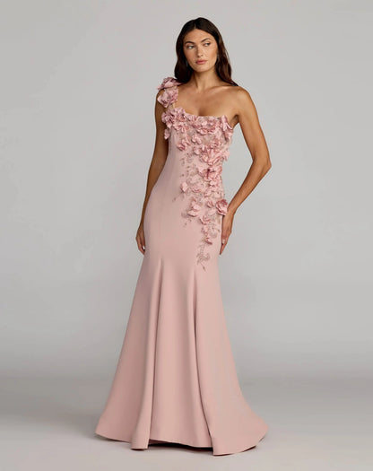 Pink One Shoulder Floral Embellished Mermaid Gown