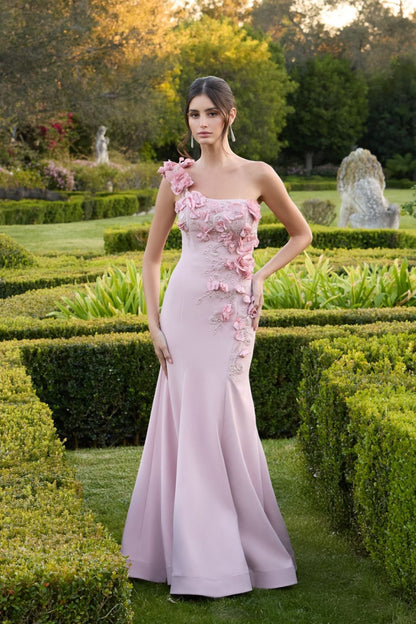Pink One Shoulder Floral Embellished Mermaid Gown