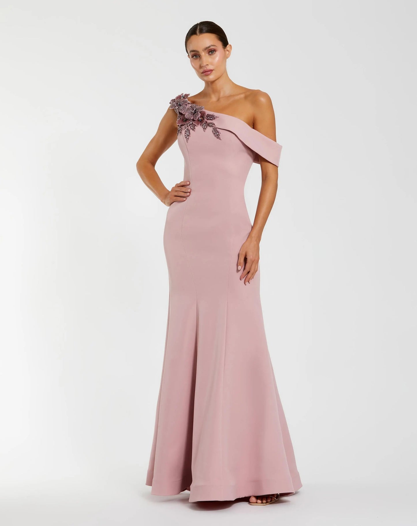 Pink One Shoulder Sleeveless Beaded Mermaid Gown