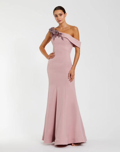 Pink One Shoulder Sleeveless Beaded Mermaid Gown