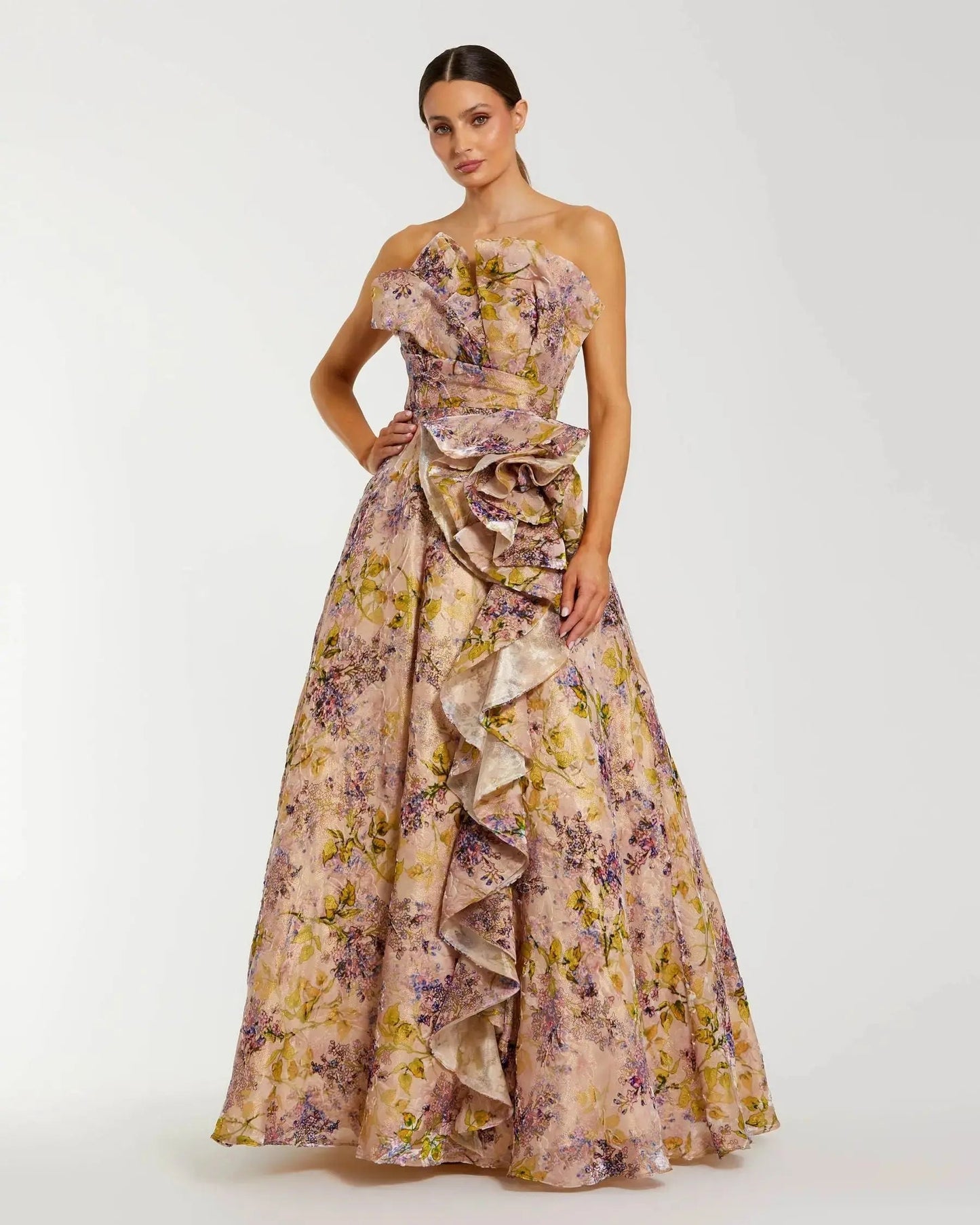Pink Strapless Floral Ball Gown With Ruffle Detail