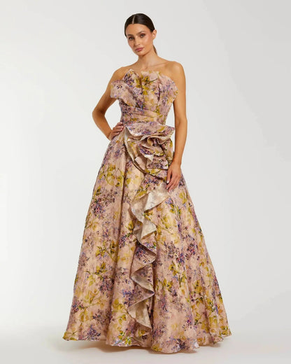 Pink Strapless Floral Ball Gown With Ruffle Detail