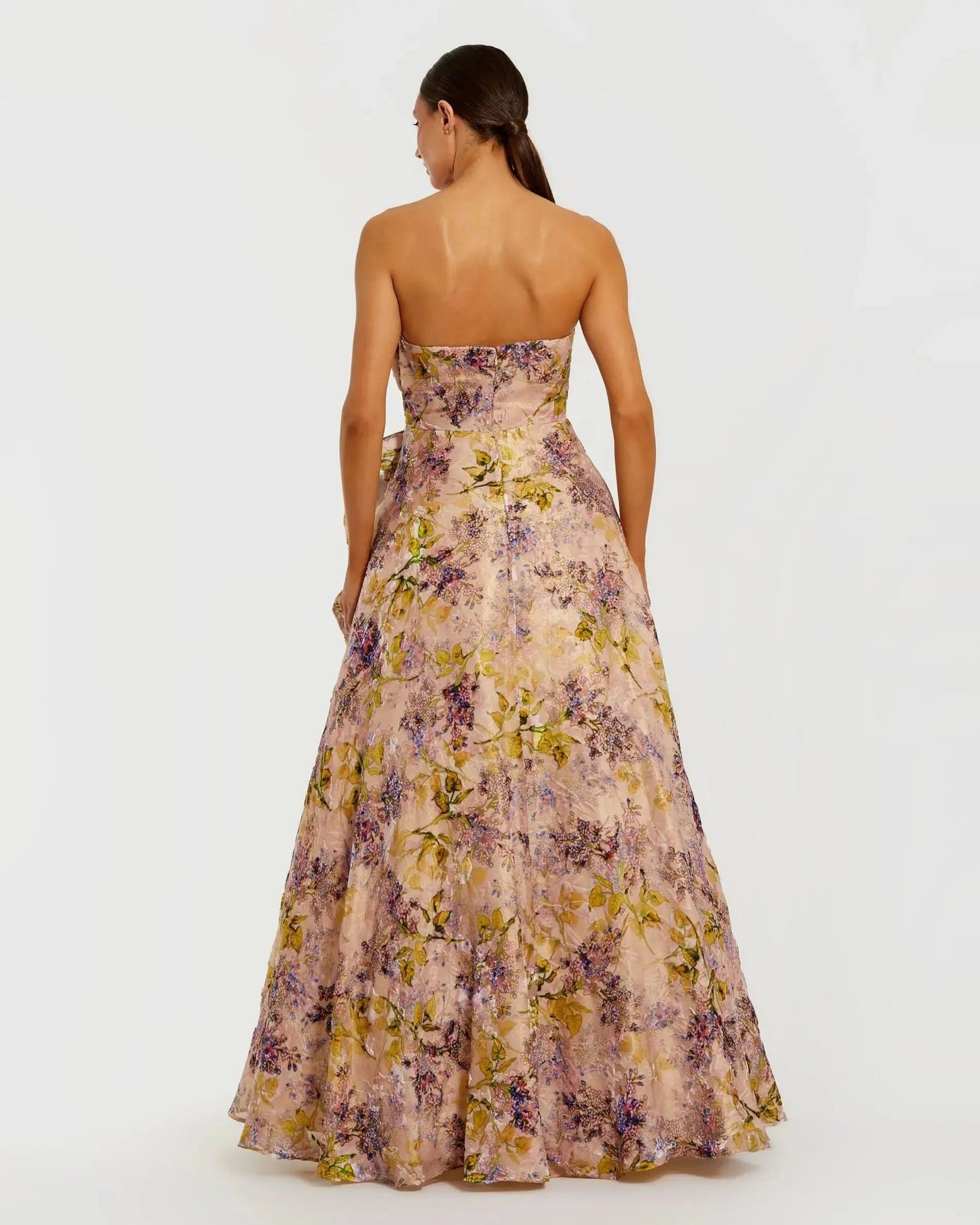 Pink Strapless Floral Ball Gown With Ruffle Detail