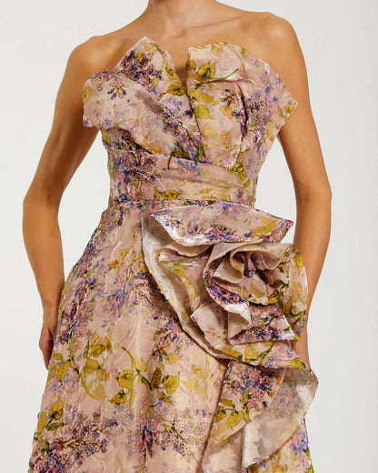 Pink Strapless Floral Ball Gown With Ruffle Detail