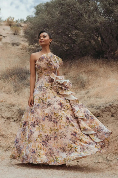 Pink Strapless Floral Ball Gown With Ruffle Detail