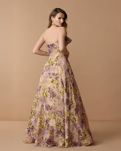 Pink Strapless Floral Ball Gown With Ruffle Detail