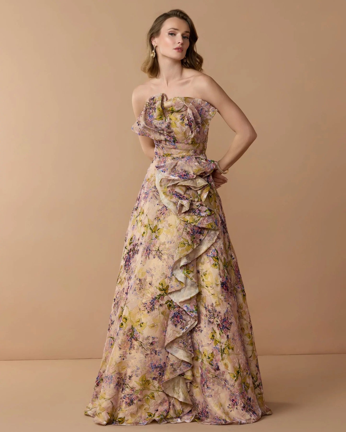 Pink Strapless Floral Ball Gown With Ruffle Detail