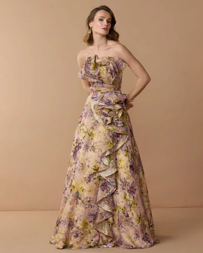 Pink Strapless Floral Ball Gown With Ruffle Detail