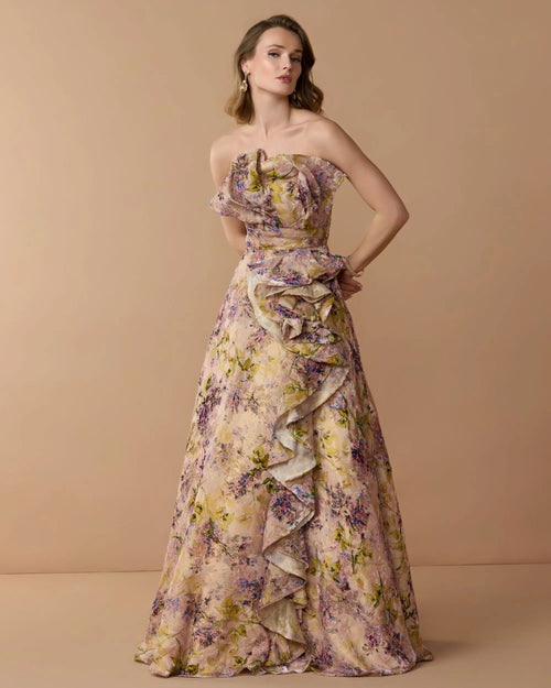 Pink Strapless Floral Ball Gown With Ruffle Detail