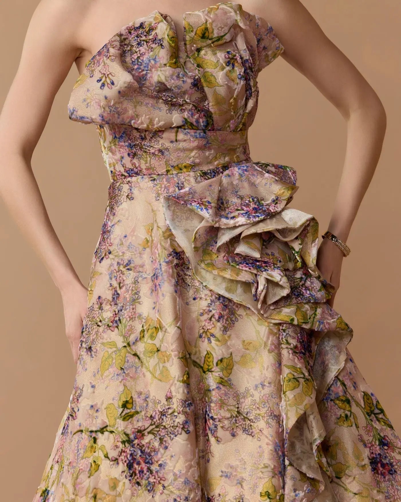 Pink Strapless Floral Ball Gown With Ruffle Detail