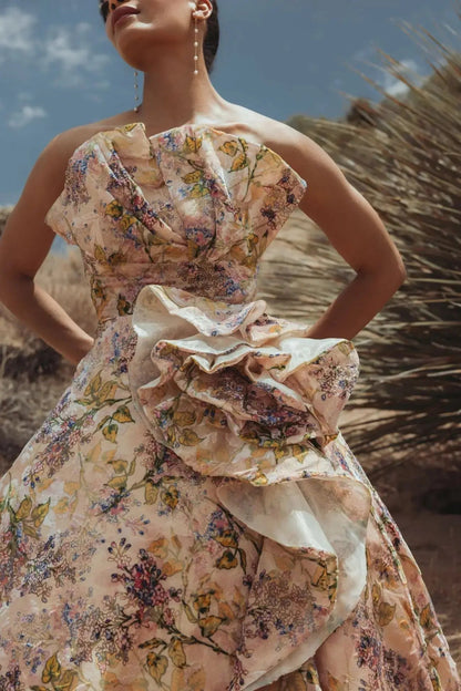 Pink Strapless Floral Ball Gown With Ruffle Detail