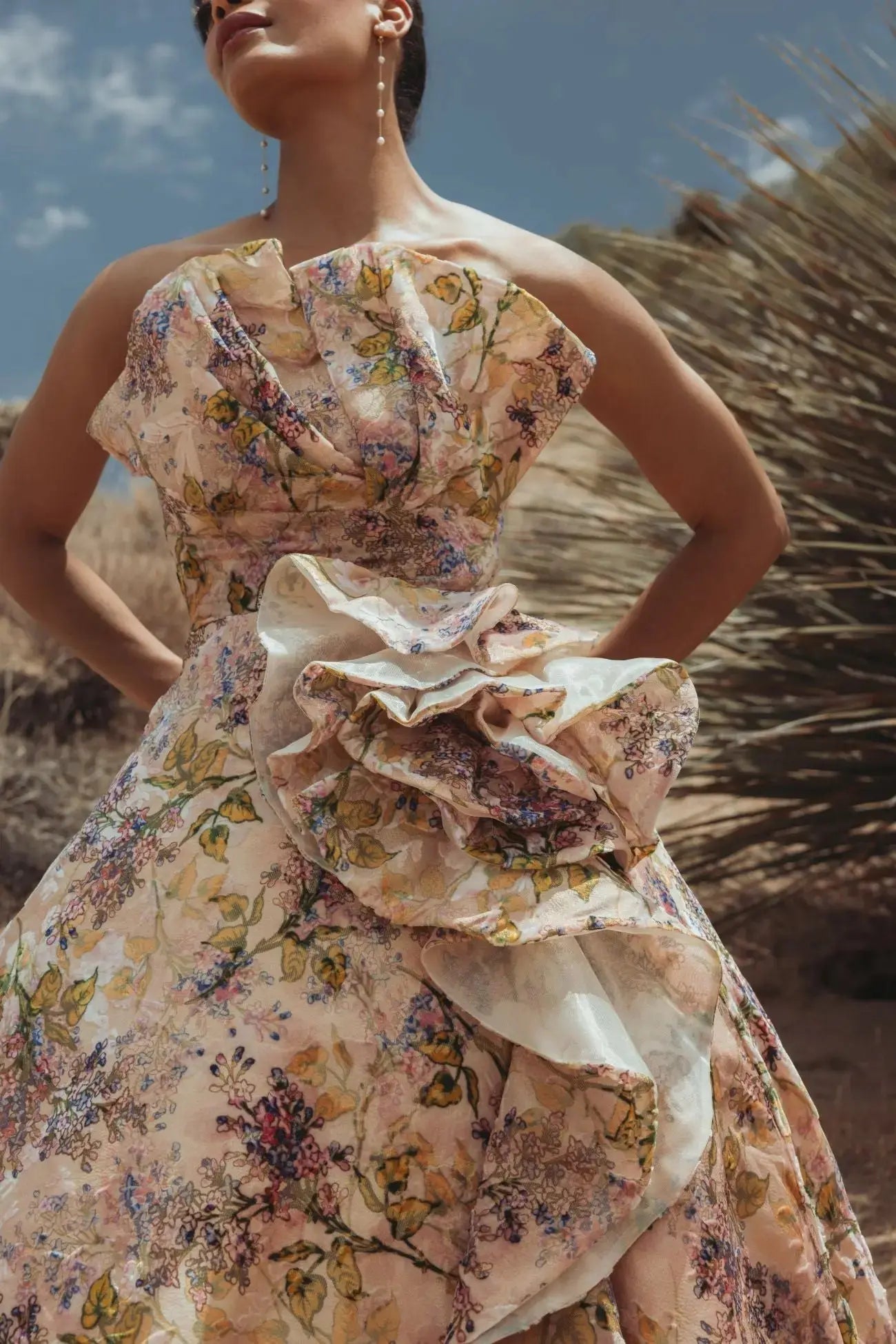 Pink Strapless Floral Ball Gown With Ruffle Detail