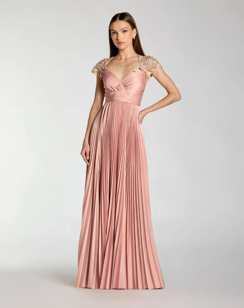 Pink Pleated Charmeuse Embellished Cap Sleeve Gown