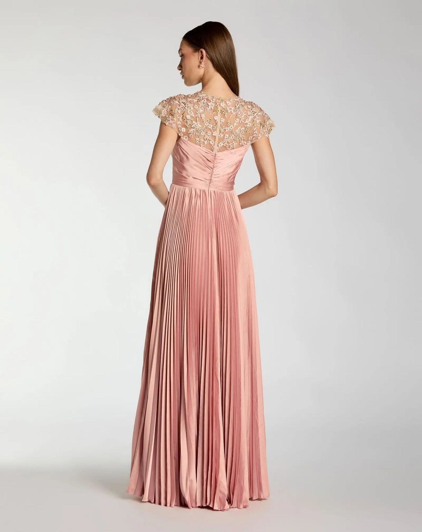 Pink Pleated Charmeuse Embellished Cap Sleeve Gown