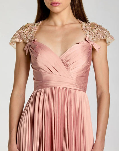 Pink Pleated Charmeuse Embellished Cap Sleeve Gown