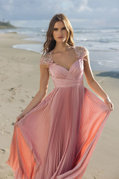 Pink Pleated Charmeuse Embellished Cap Sleeve Gown