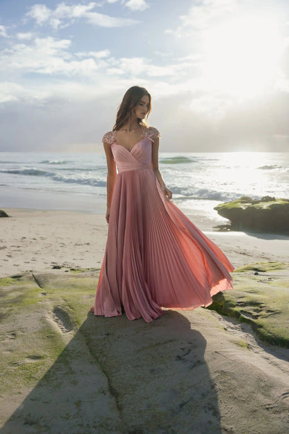 Pink Pleated Charmeuse Embellished Cap Sleeve Gown