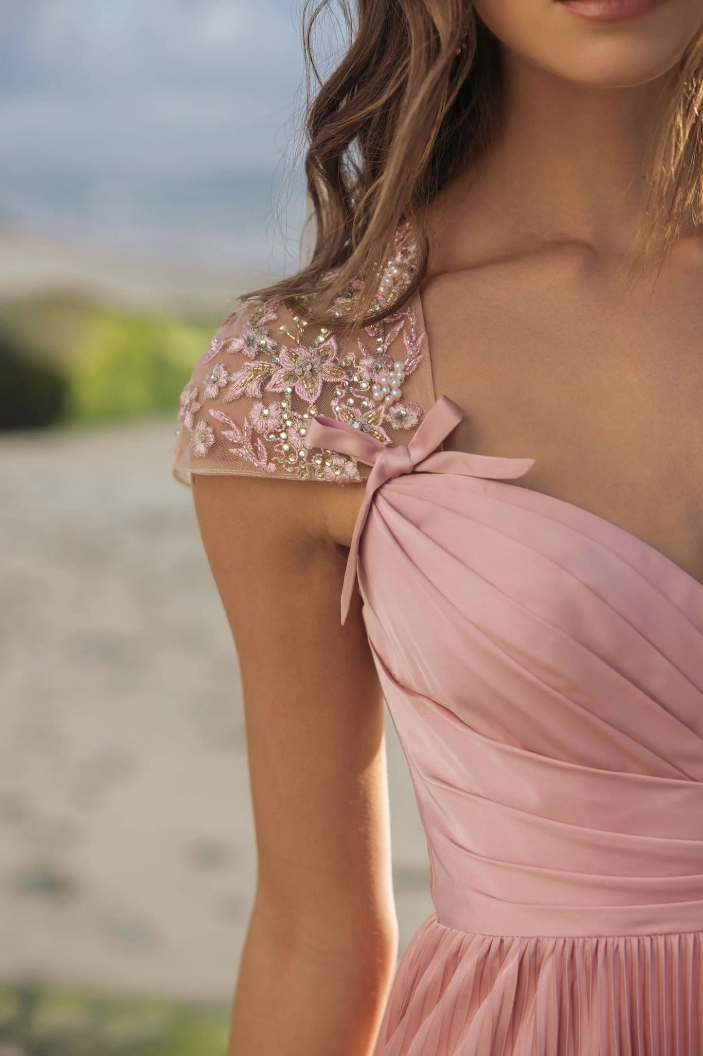 Pink Pleated Charmeuse Embellished Cap Sleeve Gown