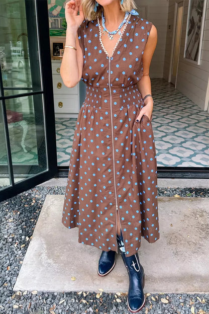 Hazel Blues® |  Polka Dot Zipper Front Midi Dress