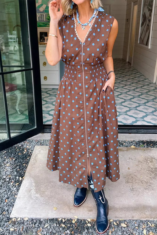 Hazel Blues® |  Polka Dot Zipper Front Midi Dress