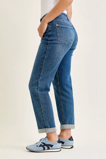 Hazel Blues® |  Judy Blue Mid Rise Boyfriend Embroidered Repair Patch Jeans