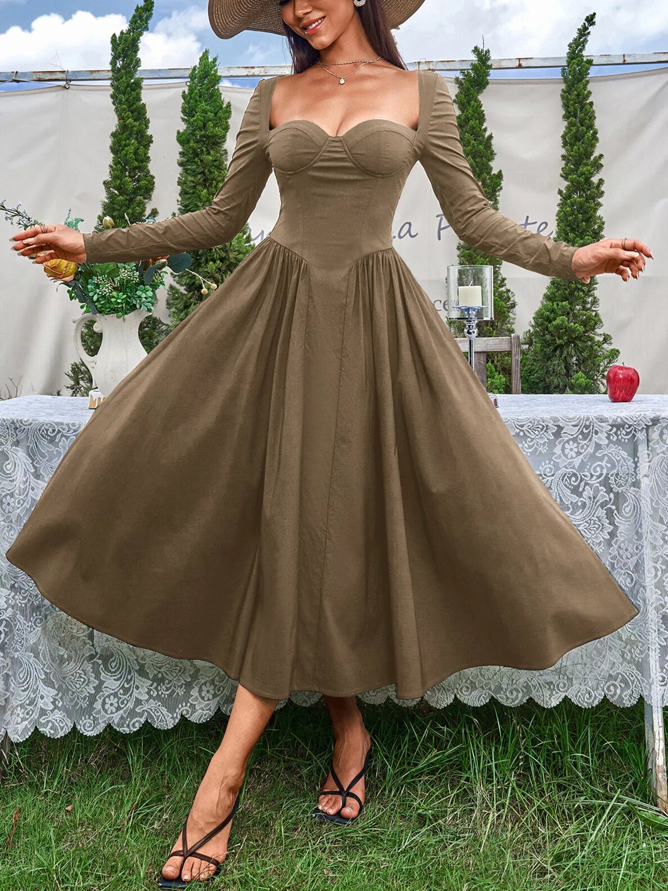 Hazel Blues® |  Sweetheart Neckline Long Sleeve A-Line Midi Dress