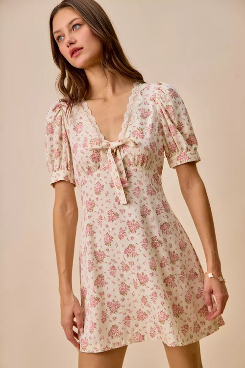 Hazel Blues® |  SO ME Floral Lace Trimed  Short Sleeves Mini Dress