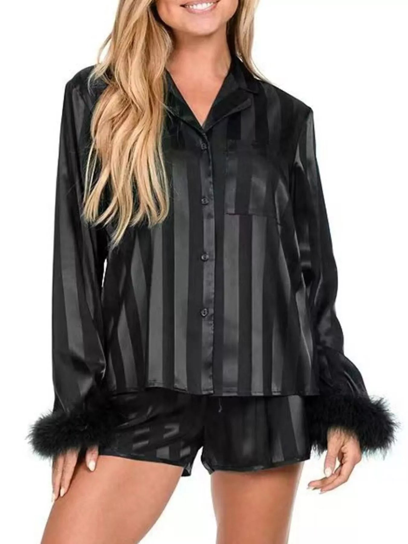 Hazel Blues® |  Striped Feather Trim Shirt and Shorts Lounge Set