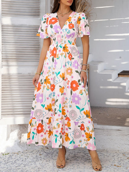 Hazel Blues® |  Devine Smocked Printed V-Neck Short Sleeve Maxi Dress