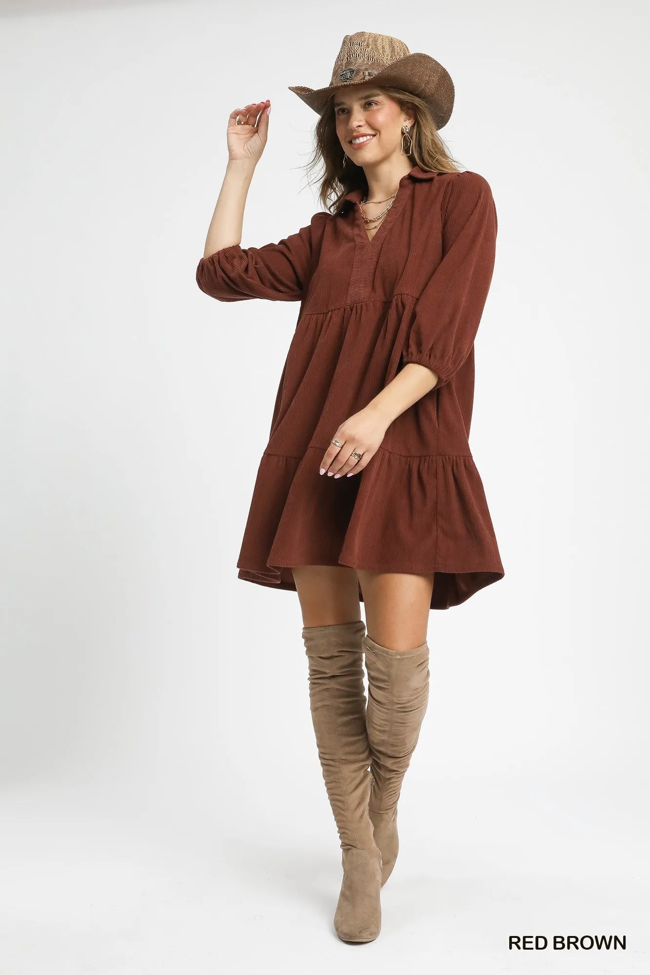 Hazel Blues® |  Umgee Tiered Corduroy Mini Dress with Balloon Sleeves