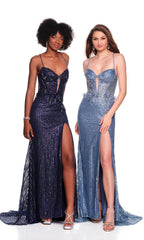 Lace-Up Long Beaded Prom Dress: Dave  Johnny 12281