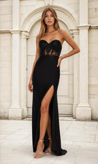 Strapless Long Beaded Corset Black Prom Dress L406