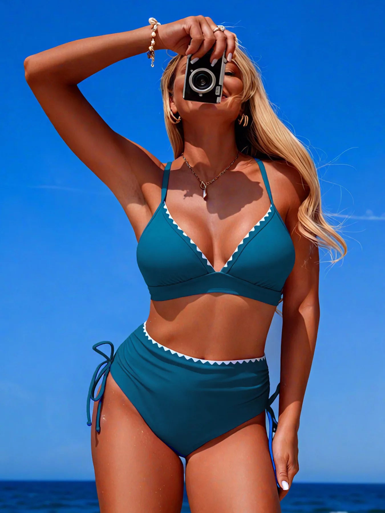 Hazel Blues® | Scalloped Trim High-Waisted Swim Set