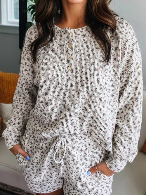 Hazel Blues® |  Spiral Ribbed Floral Print Long Sleeve Henley Top Drawstring Short Set