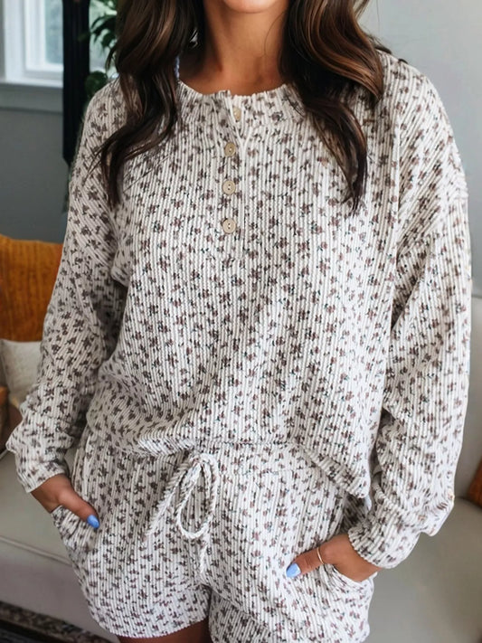 Hazel Blues® |  Spiral Ribbed Floral Print Long Sleeve Henley Top Drawstring Short Set