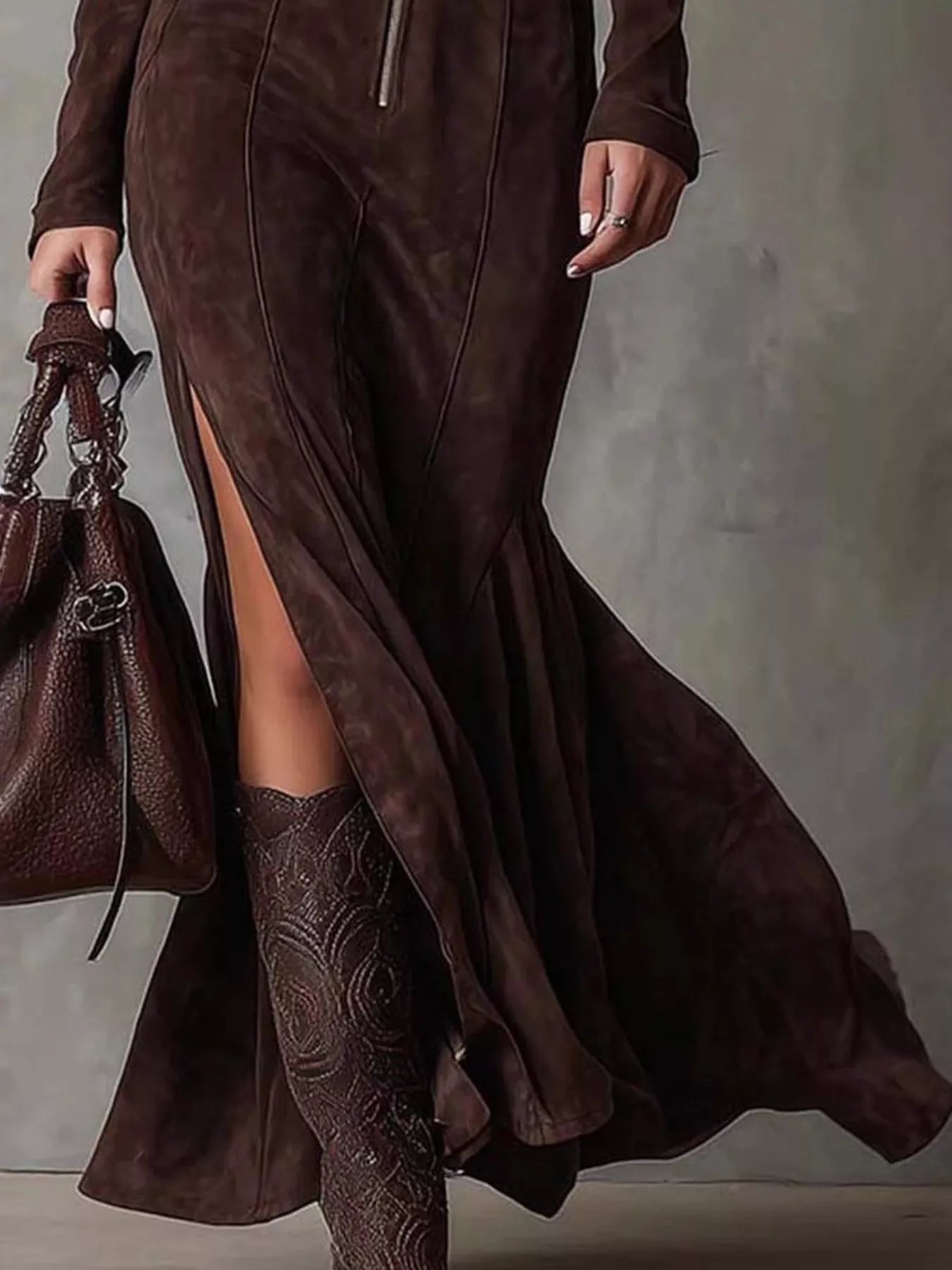 Hazel Blues® | Zipper Front Long Sleeve Slit Maxi Dress