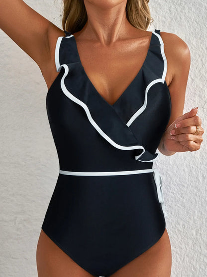 Hazel Blues® | Ruffle Trim V-Neck One-Piece Swimsuit