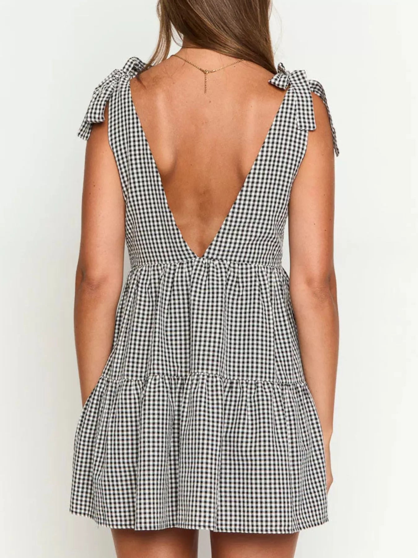 Hazel Blues® |  Gingham Tie-Shoulder Mini Dress