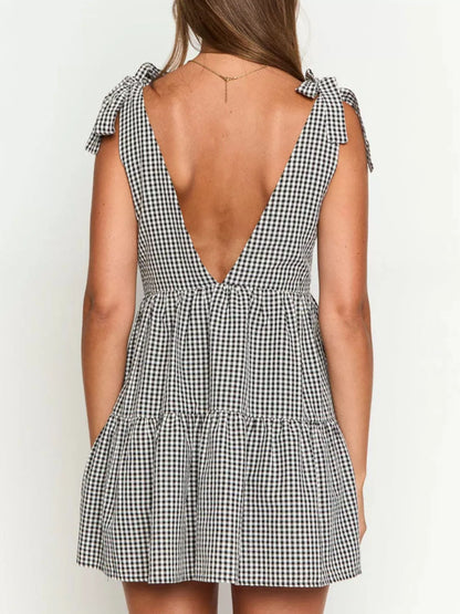 Hazel Blues® |  Gingham Tie-Shoulder Mini Dress