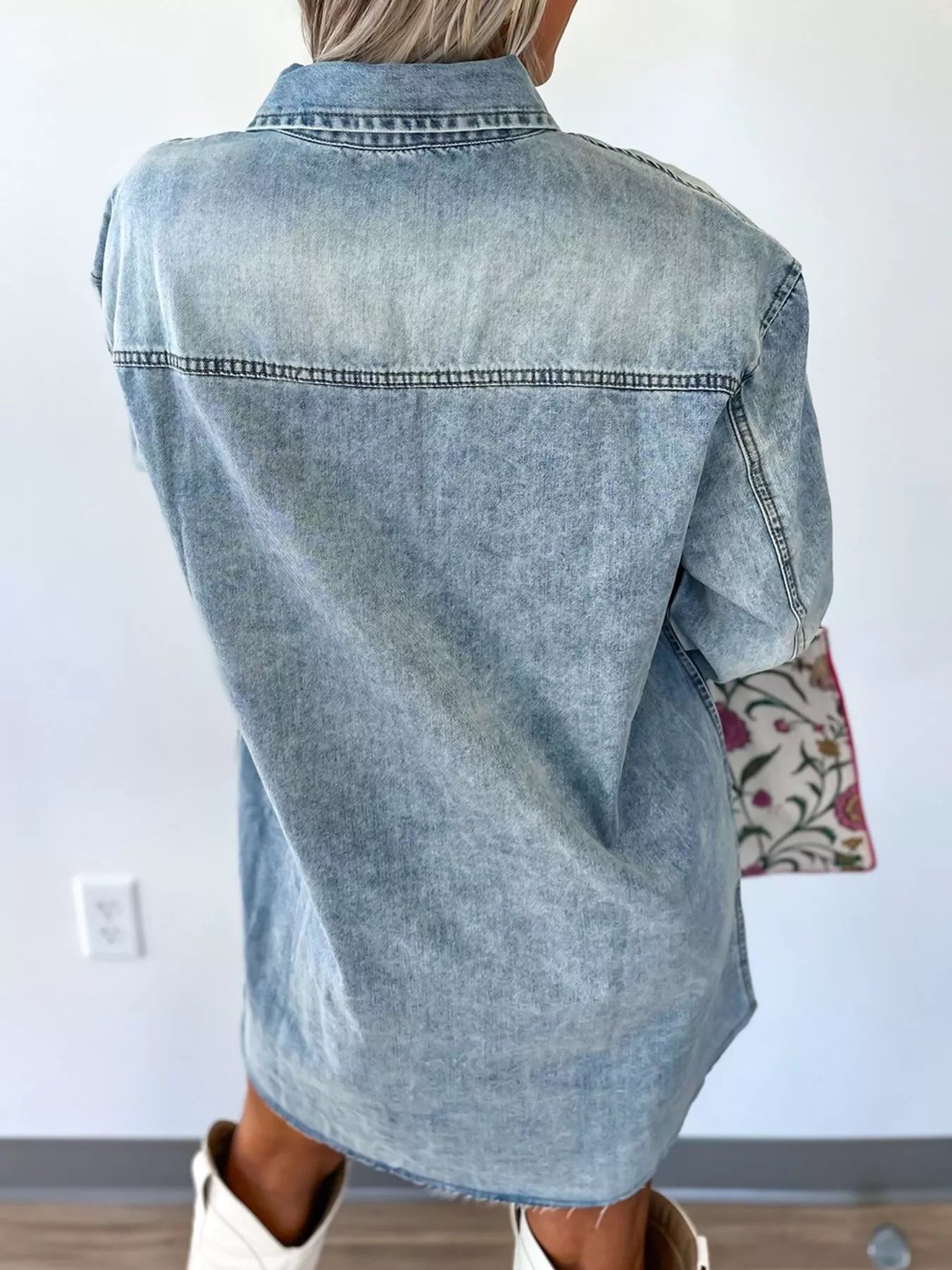 Hazel Blues® |  Chest Pocket Raw Hem Denim Loose Shirt Dress