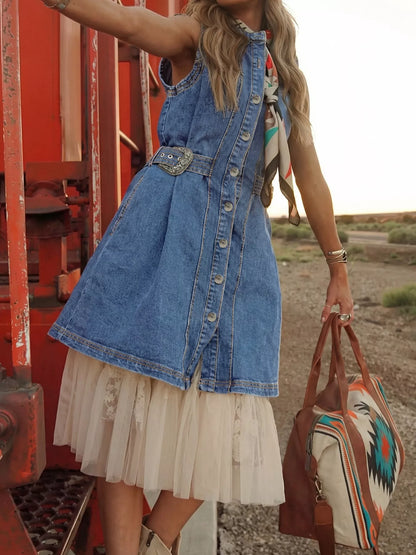 Hazel Blues® |  Western Belt Button Down Sleeveless Denim Short Dress