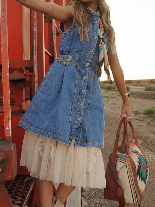 Hazel Blues® |  Western Belt Button Down Sleeveless Denim Short Dress