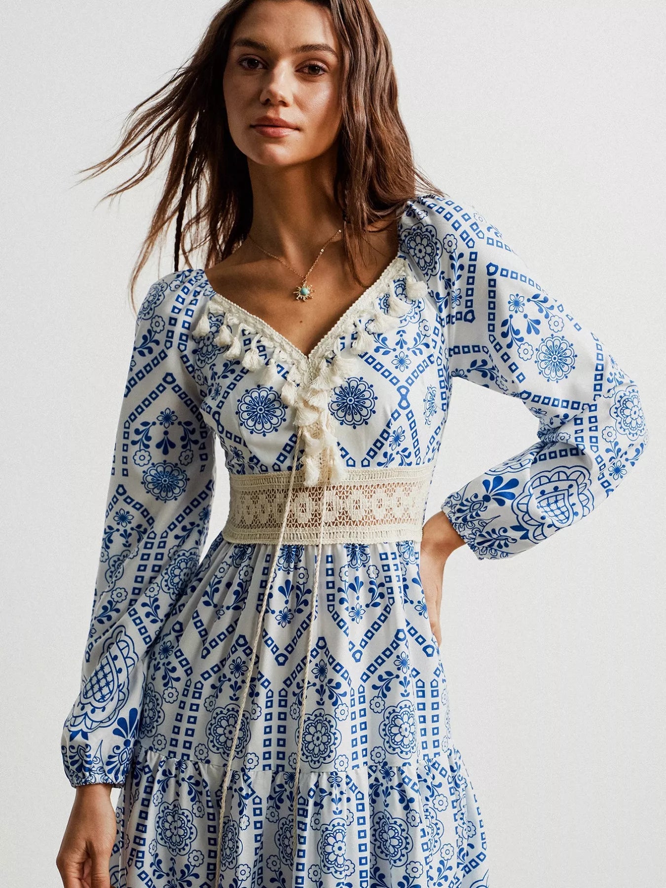 Hazel Blues® |  Bohemian Print Midi Dress with Tassel Detail
