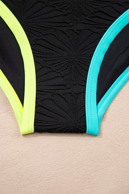 Hazel Blues® | Black Floral Textured Neon Trim V Neck Crisscross Backless Tankini Set